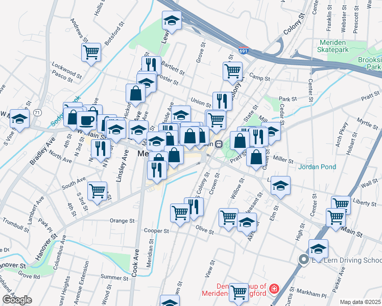 map of restaurants, bars, coffee shops, grocery stores, and more near 32 West Main Street in Meriden