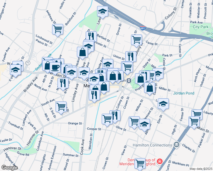 map of restaurants, bars, coffee shops, grocery stores, and more near 86 West Main Street in Meriden