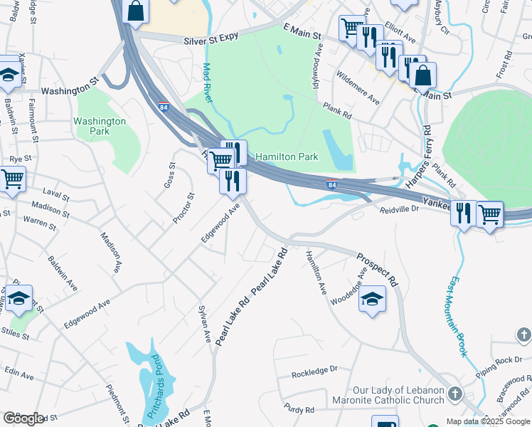 map of restaurants, bars, coffee shops, grocery stores, and more near 921 Hamilton Avenue in Waterbury
