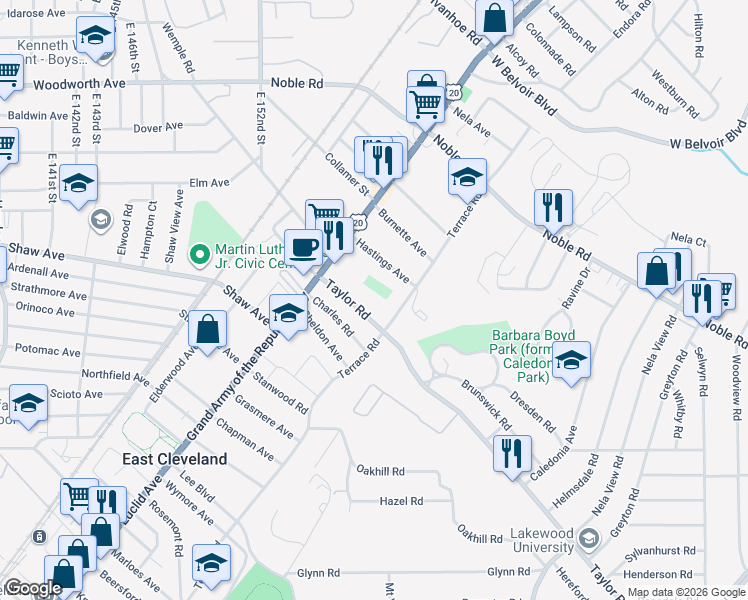 map of restaurants, bars, coffee shops, grocery stores, and more near 1867 North Taylor Road in East Cleveland