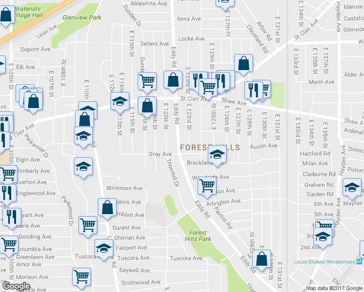 map of restaurants, bars, coffee shops, grocery stores, and more near 702 East 123rd Street in Cleveland