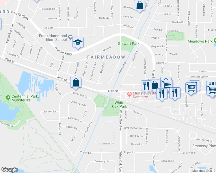 map of restaurants, bars, coffee shops, grocery stores, and more near 1500 Camellia Drive in Munster