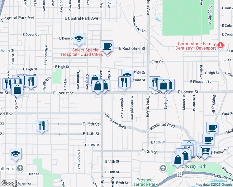 map of restaurants, bars, coffee shops, grocery stores, and more near 1223 East Locust Street in Davenport