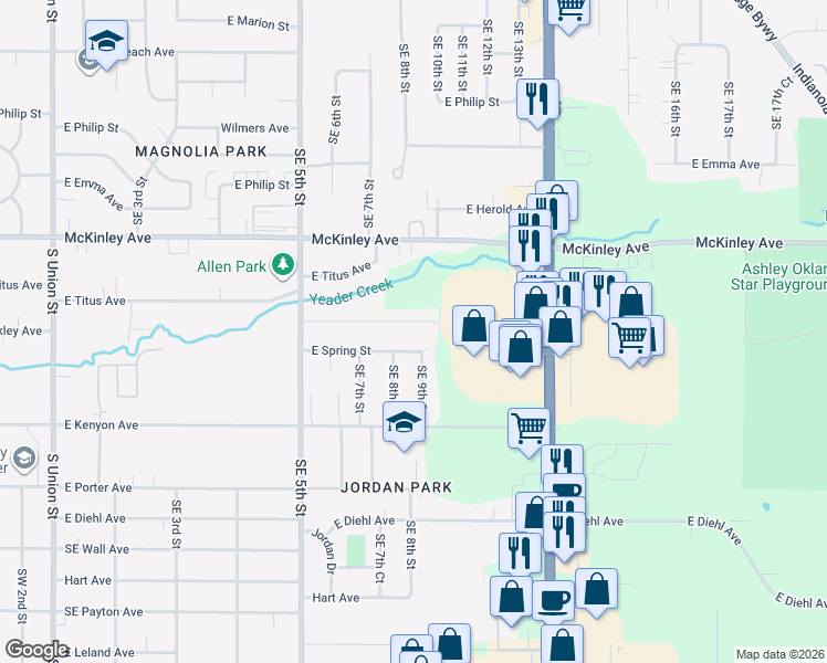 map of restaurants, bars, coffee shops, grocery stores, and more near 904 East Spring Street in Des Moines