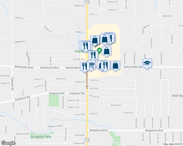 map of restaurants, bars, coffee shops, grocery stores, and more near 5100 Wilson Mills Road in Richmond Heights