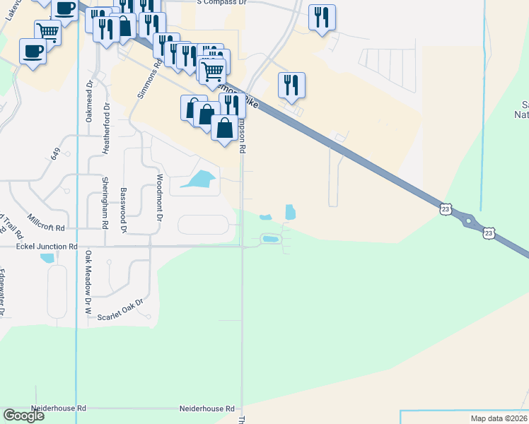 map of restaurants, bars, coffee shops, grocery stores, and more near 26566 Thompson Rd in Perrysburg