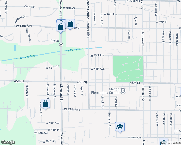 map of restaurants, bars, coffee shops, grocery stores, and more near 4429 Grant Street in Gary