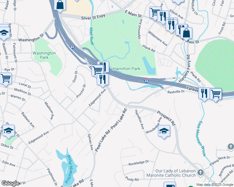 map of restaurants, bars, coffee shops, grocery stores, and more near 921 Hamilton Avenue in Waterbury