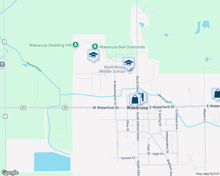 map of restaurants, bars, coffee shops, grocery stores, and more near 300 North Washington Street in Wakarusa