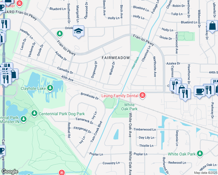 map of restaurants, bars, coffee shops, grocery stores, and more near 1412 Camellia Drive in Munster