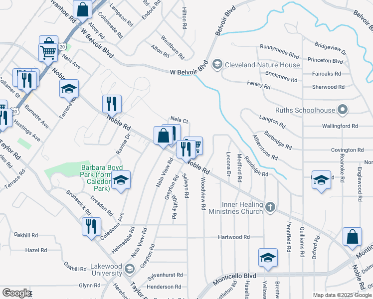 map of restaurants, bars, coffee shops, grocery stores, and more near 16119 Greyton Road in East Cleveland