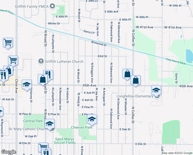 map of restaurants, bars, coffee shops, grocery stores, and more near 923 North Jay Avenue in Griffith