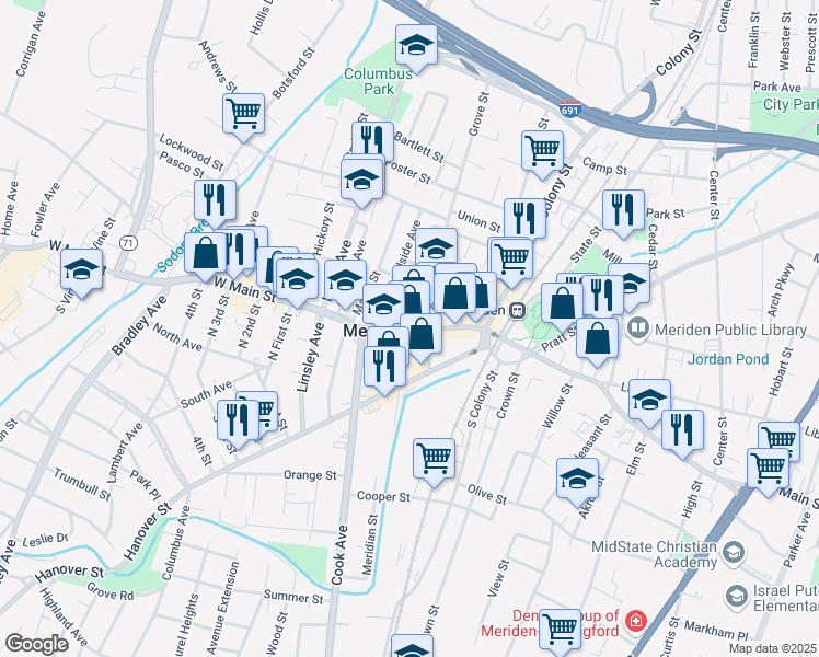 map of restaurants, bars, coffee shops, grocery stores, and more near 86 West Main Street in Meriden