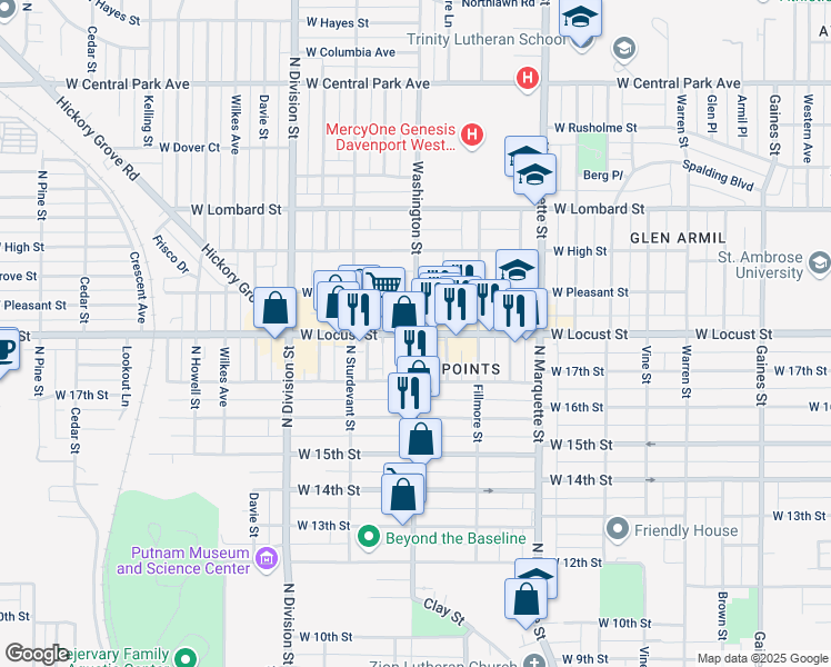 map of restaurants, bars, coffee shops, grocery stores, and more near West Locust Street & Washington Street in Davenport