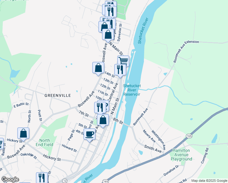 map of restaurants, bars, coffee shops, grocery stores, and more near 371 Central Avenue in Norwich