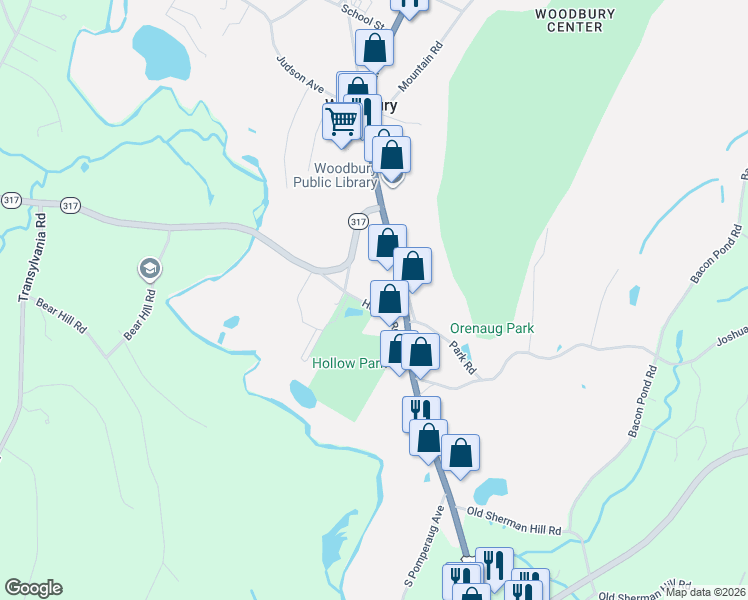 map of restaurants, bars, coffee shops, grocery stores, and more near 34 Hollow Road in Woodbury