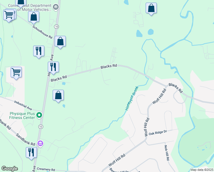 map of restaurants, bars, coffee shops, grocery stores, and more near 185 Blacks Road in Cheshire