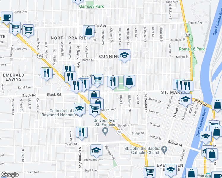 map of restaurants, bars, coffee shops, grocery stores, and more near 803 Clement Street in Joliet