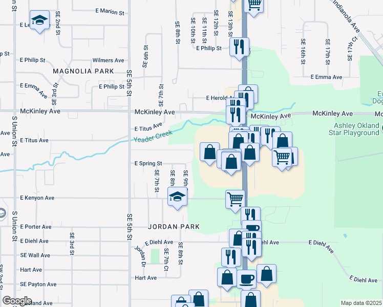 map of restaurants, bars, coffee shops, grocery stores, and more near 915 Southeast Hackley Avenue in Des Moines
