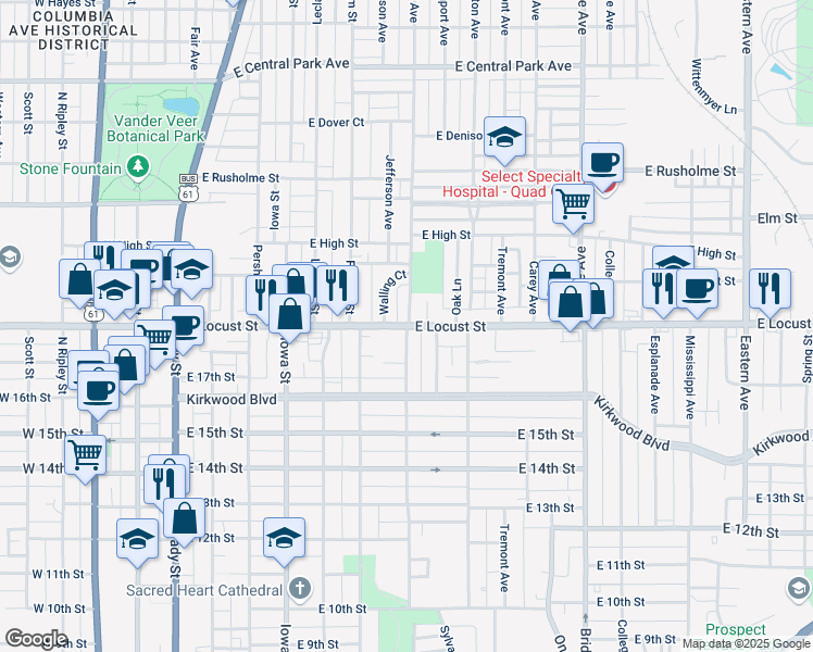 map of restaurants, bars, coffee shops, grocery stores, and more near E Locust St & Grand Ave in Davenport