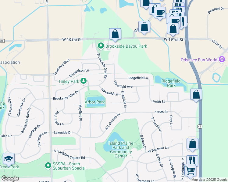 map of restaurants, bars, coffee shops, grocery stores, and more near 7616 Newfield Lane in Tinley Park