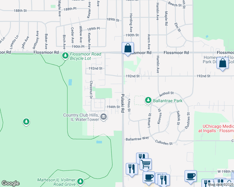 map of restaurants, bars, coffee shops, grocery stores, and more near 19319 Oakwood Avenue in Country Club Hills