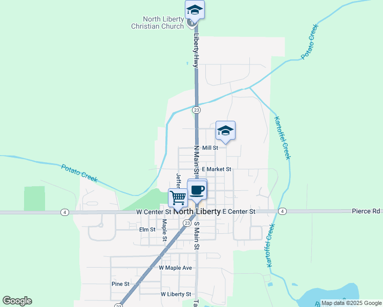 map of restaurants, bars, coffee shops, grocery stores, and more near 105 East Market Street in North Liberty