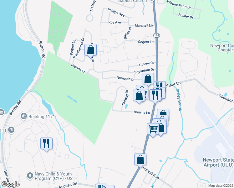 map of restaurants, bars, coffee shops, grocery stores, and more near 404 Fairway Drive in Middletown