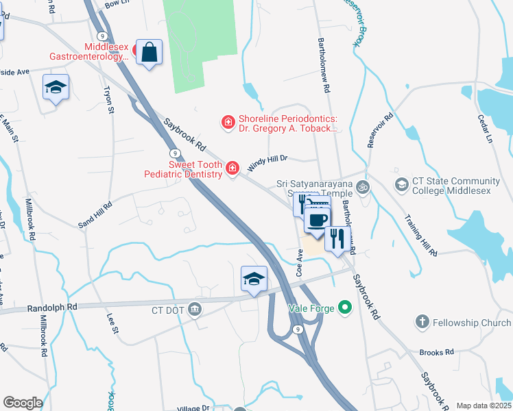 map of restaurants, bars, coffee shops, grocery stores, and more near 645 Saybrook Road in Middletown