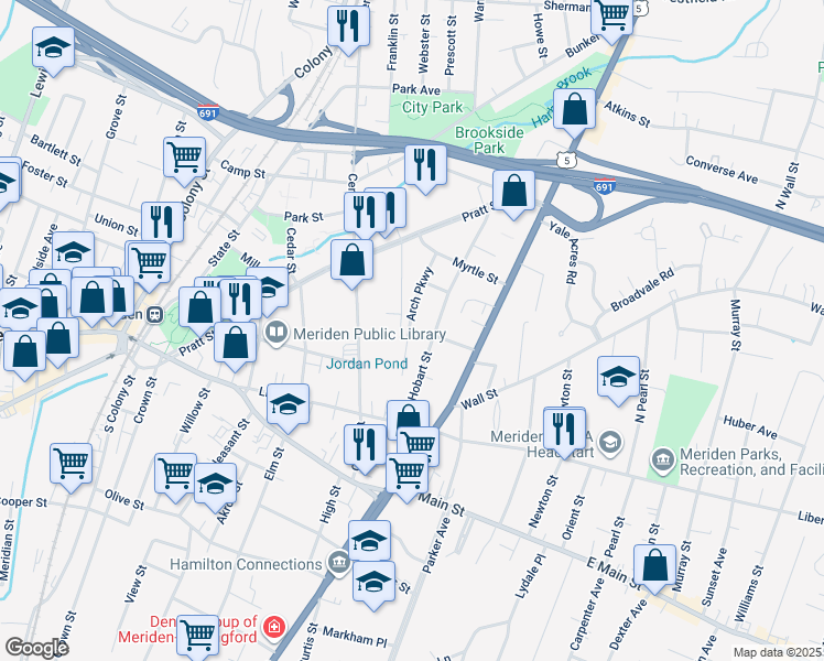 map of restaurants, bars, coffee shops, grocery stores, and more near 53 Arch Street in Meriden