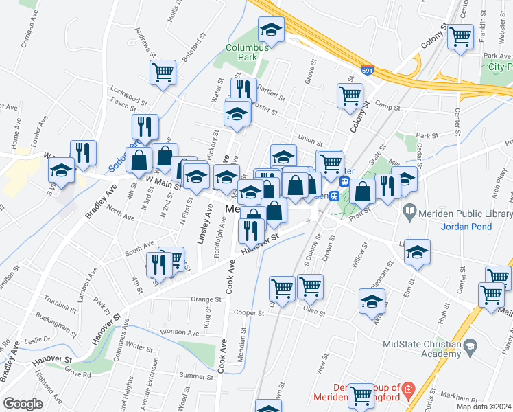 map of restaurants, bars, coffee shops, grocery stores, and more near in Meriden