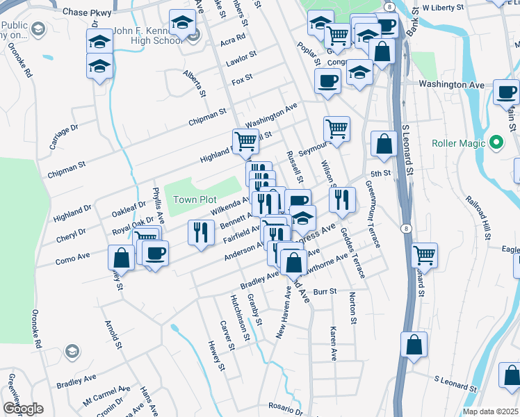 map of restaurants, bars, coffee shops, grocery stores, and more near 728 Highland Avenue in Waterbury