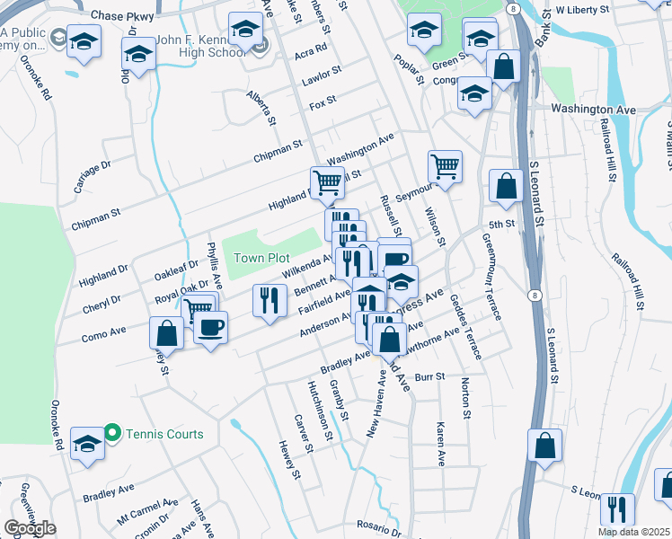 map of restaurants, bars, coffee shops, grocery stores, and more near 728 Highland Avenue in Waterbury
