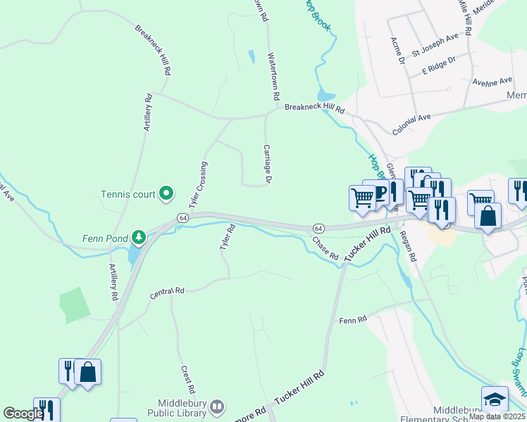 map of restaurants, bars, coffee shops, grocery stores, and more near 778 Middlebury Road in Middlebury