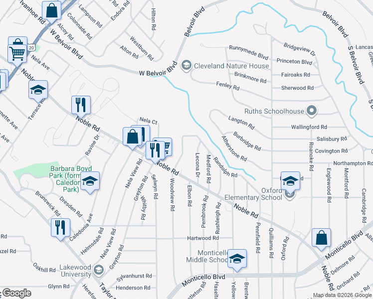map of restaurants, bars, coffee shops, grocery stores, and more near 809 Woodview Road in Cleveland Heights
