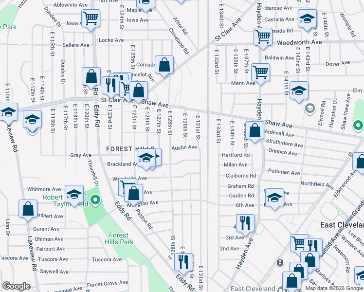 map of restaurants, bars, coffee shops, grocery stores, and more near 707 East 128th Street in Cleveland
