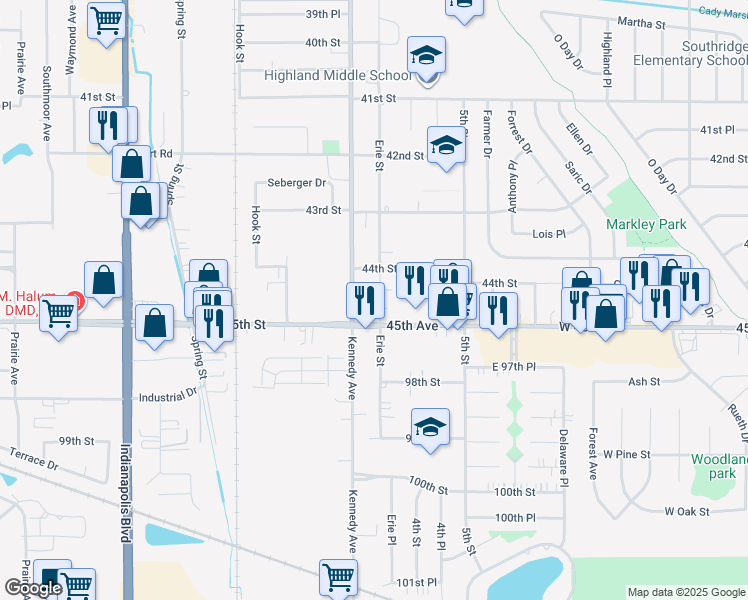 map of restaurants, bars, coffee shops, grocery stores, and more near 9636 Erie St in Highland