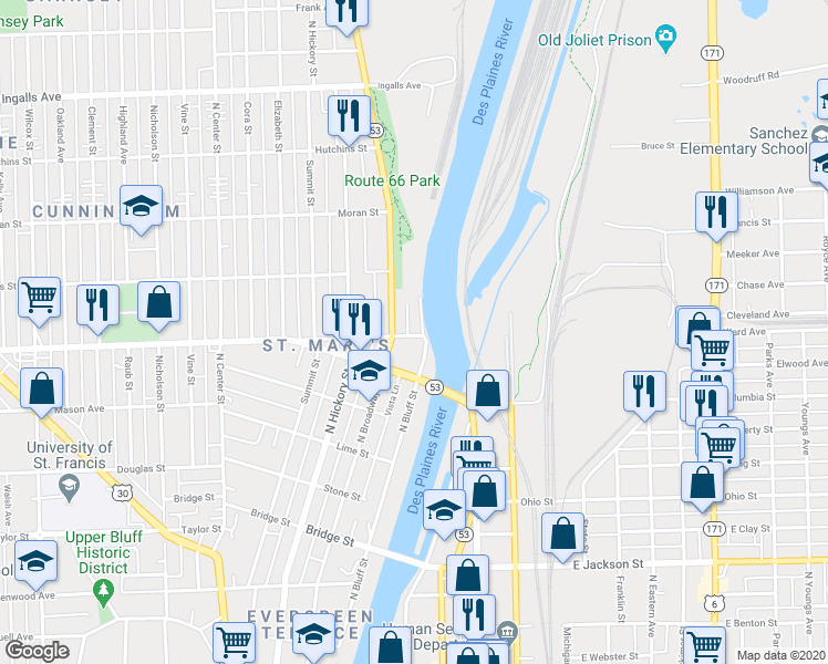 map of restaurants, bars, coffee shops, grocery stores, and more near 766 North Broadway Street in Joliet