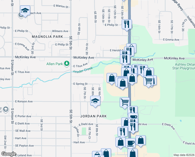 map of restaurants, bars, coffee shops, grocery stores, and more near 904 East Spring Street in Des Moines