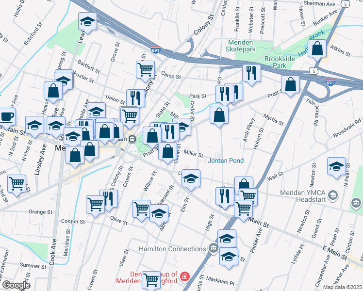 map of restaurants, bars, coffee shops, grocery stores, and more near 116 Miller Street in Meriden