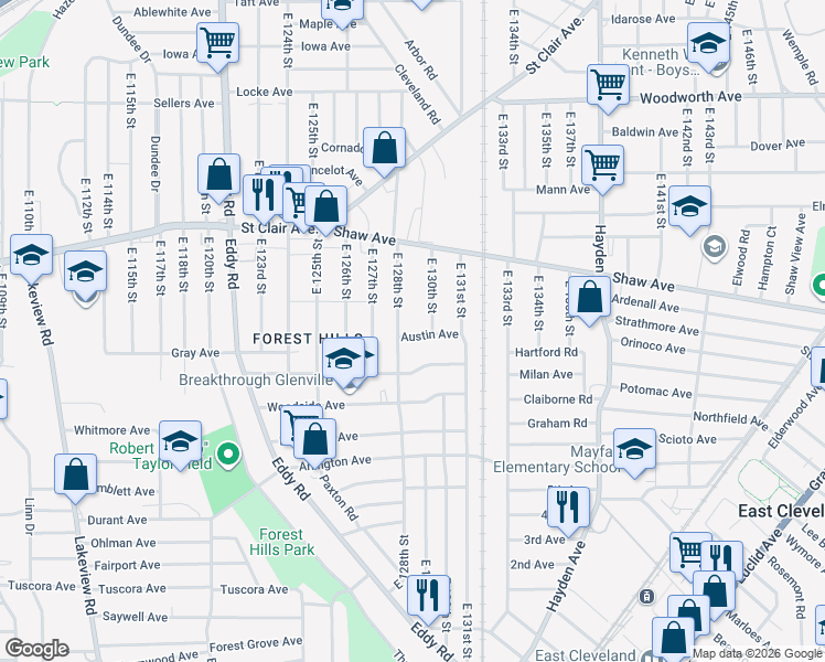 map of restaurants, bars, coffee shops, grocery stores, and more near 707 East 128th Street in Cleveland