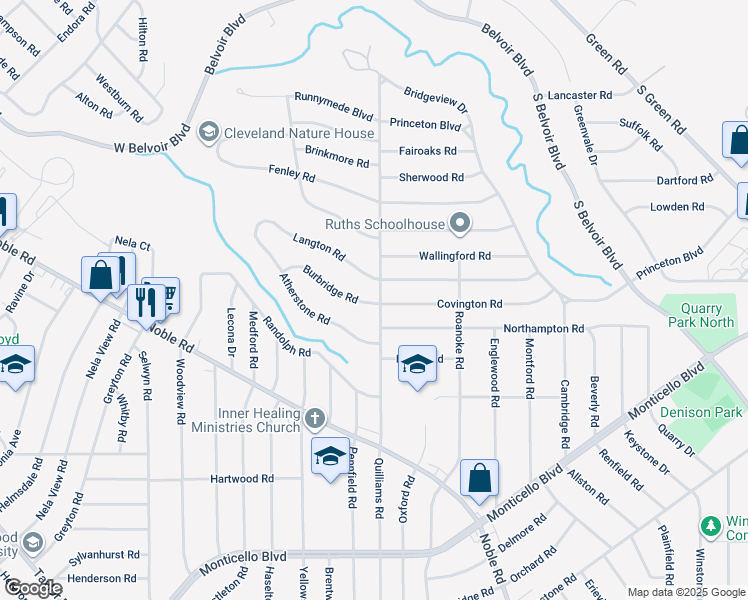 map of restaurants, bars, coffee shops, grocery stores, and more near 806 Quilliams Road in Cleveland Heights