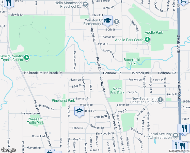 map of restaurants, bars, coffee shops, grocery stores, and more near 371 Diane Lane in Chicago Heights