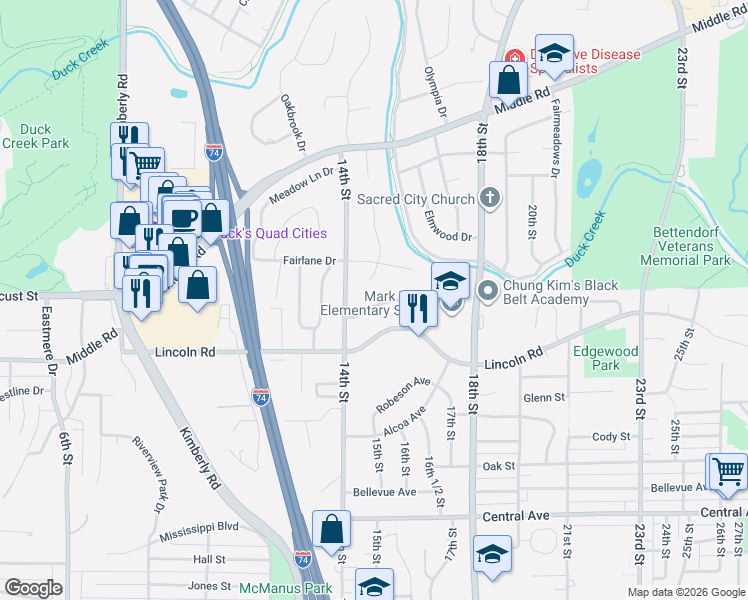 map of restaurants, bars, coffee shops, grocery stores, and more near 1503 Broadview Drive in Bettendorf