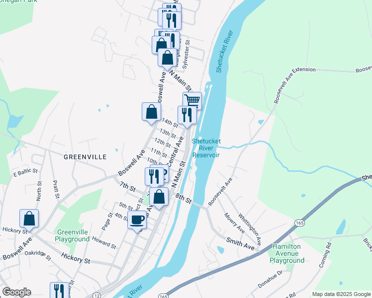 map of restaurants, bars, coffee shops, grocery stores, and more near 600 North Main Street in Norwich