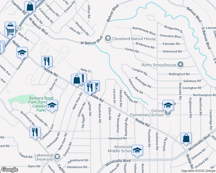 map of restaurants, bars, coffee shops, grocery stores, and more near 809 Woodview Road in Cleveland Heights
