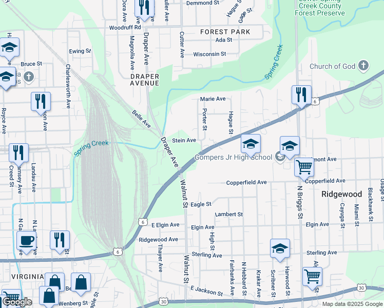 map of restaurants, bars, coffee shops, grocery stores, and more near 1213 Maple Road in Joliet