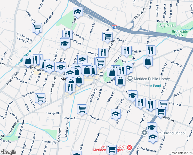 map of restaurants, bars, coffee shops, grocery stores, and more near 18 East Main Street in Meriden