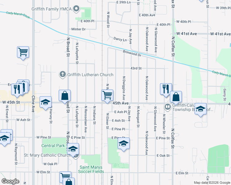 map of restaurants, bars, coffee shops, grocery stores, and more near in Griffith