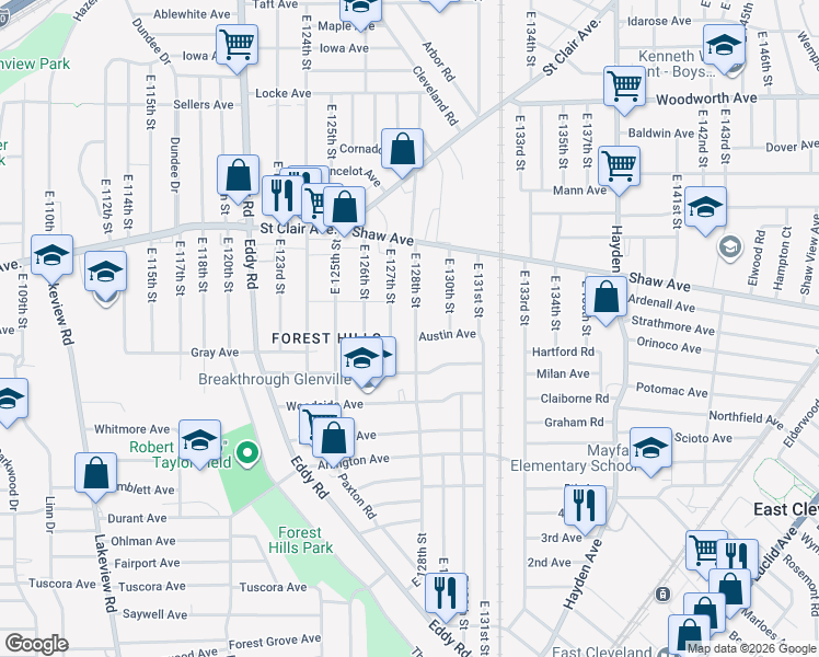 map of restaurants, bars, coffee shops, grocery stores, and more near 706 East 127th Street in Cleveland
